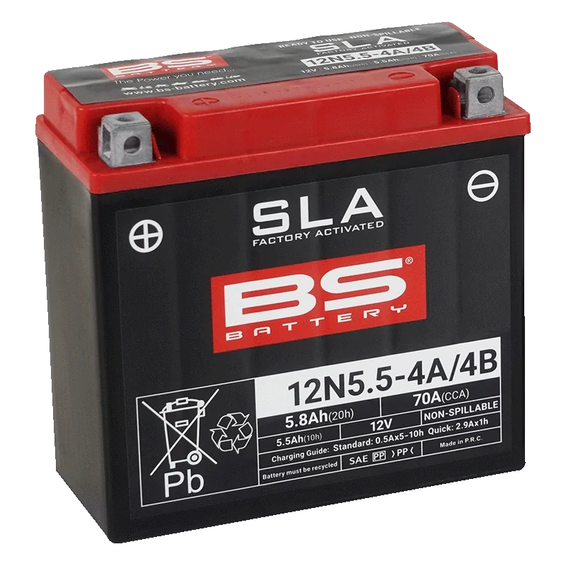 BS-BATTERY 12N5.5-4A/4B 12V 5Ah 70A (12N5.5-4A, 12N5.5-4B) 135x60x130mm L+ AGM bezúdržbová motobatéria
