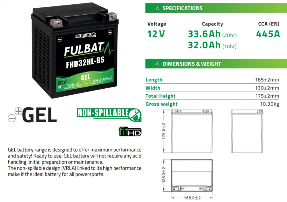 FULBAT FHD32HL-BS 12V 32Ah 445A (YHD32HL-BS) 165x130x175mm P+ GEL bezúdržbová motobatéria