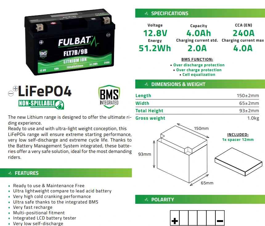 FULBAT FLT7B/9B 12V 4Ah 240A L+ LiFePO4 lítiová motobatéria