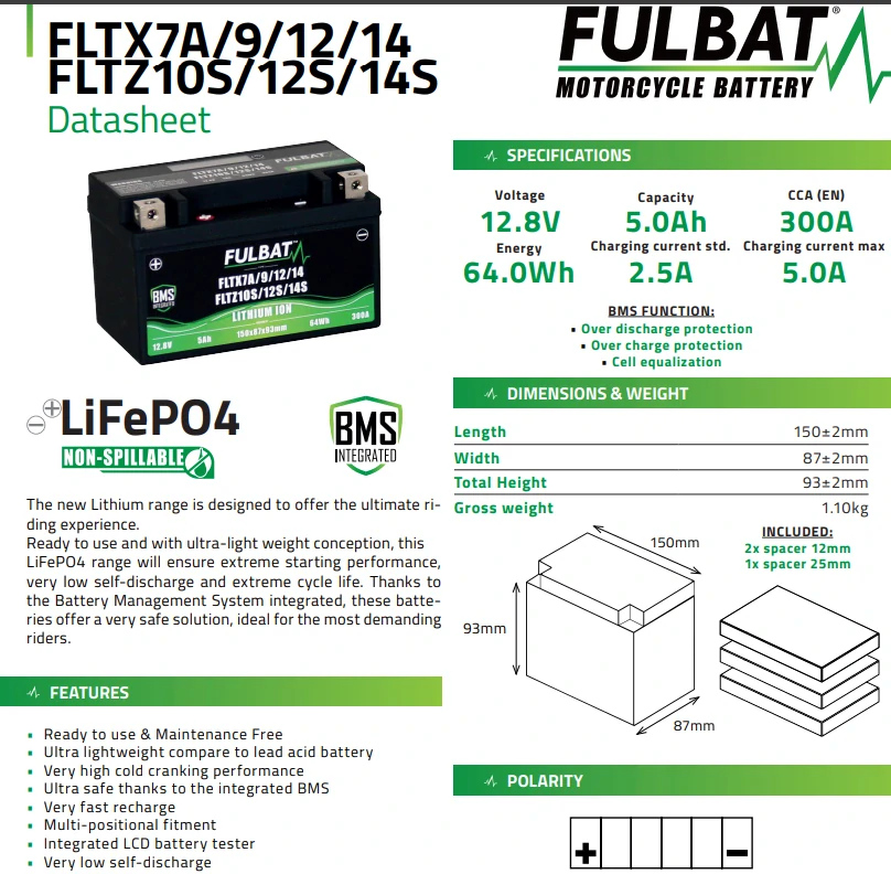 FULBAT Lítiová motocyklová batéria FLTX7A/9/12/14 - FLTZ10S/12S/14S 12V 5Ah 300A