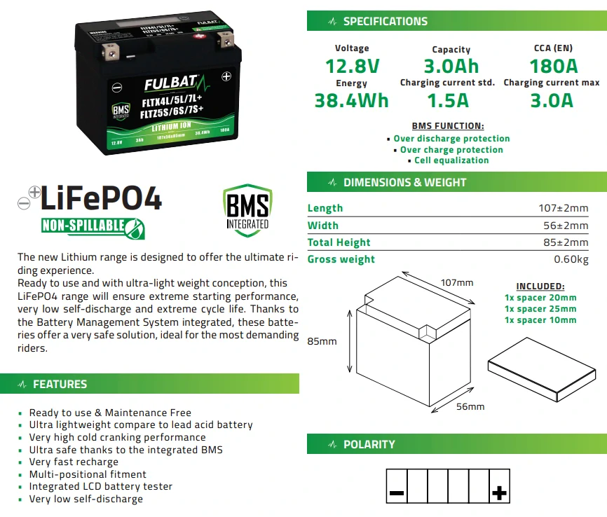 FULBAT Lítiová motocyklová batéria FLTX4L/5L/7L+ FLTZ5S/6S/7S+