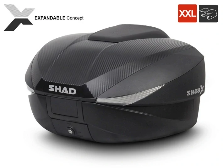 SHAD Vrchný kufor na motorku s farebným krytom SH58X Nový titán (rozšíriteľný) so zámkom PRÉMIUM