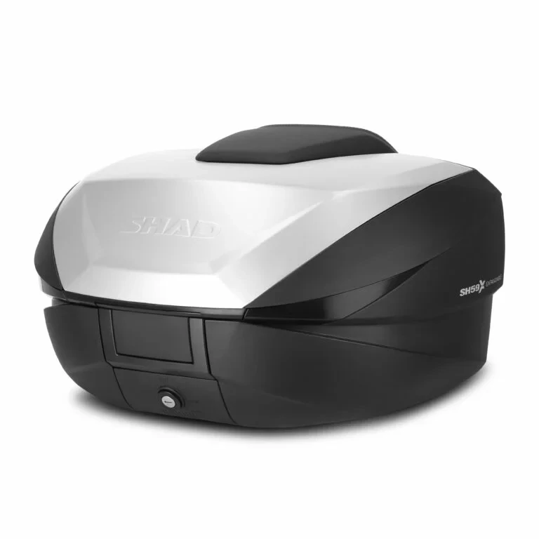 SHAD Vrchný kufor na motorku SH59X D0B59200 čierny s hliníkovým krytom (rozšíriteľná koncepcia) s PREMIUM SMART zámok a opierka chrbta