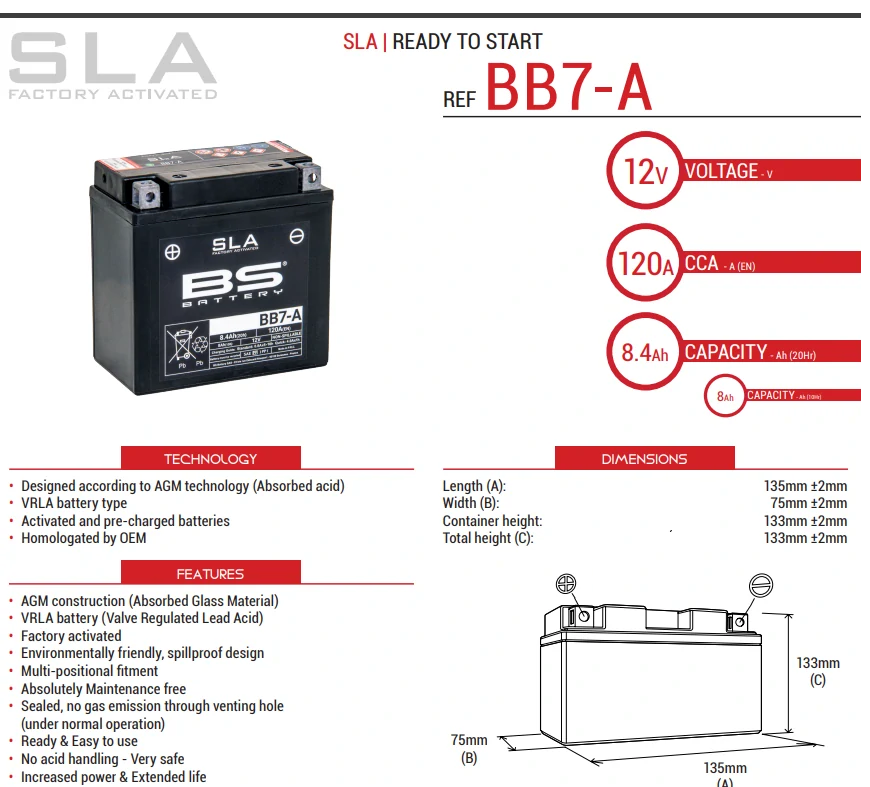 BS-BATTERY V továrni aktivovaný akumulátor BB7-A SLA 12V 8Ah