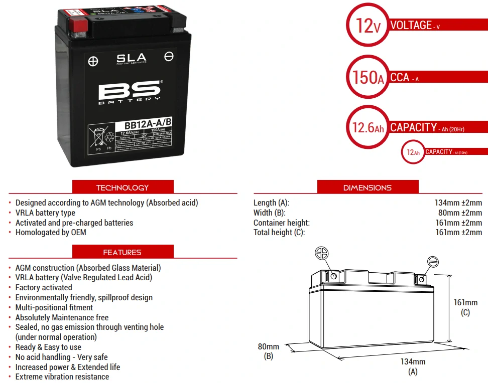BS-BATTERY V továrni aktivovaný akumulátor BB12A-A/B SLA 12V - 12Ah
