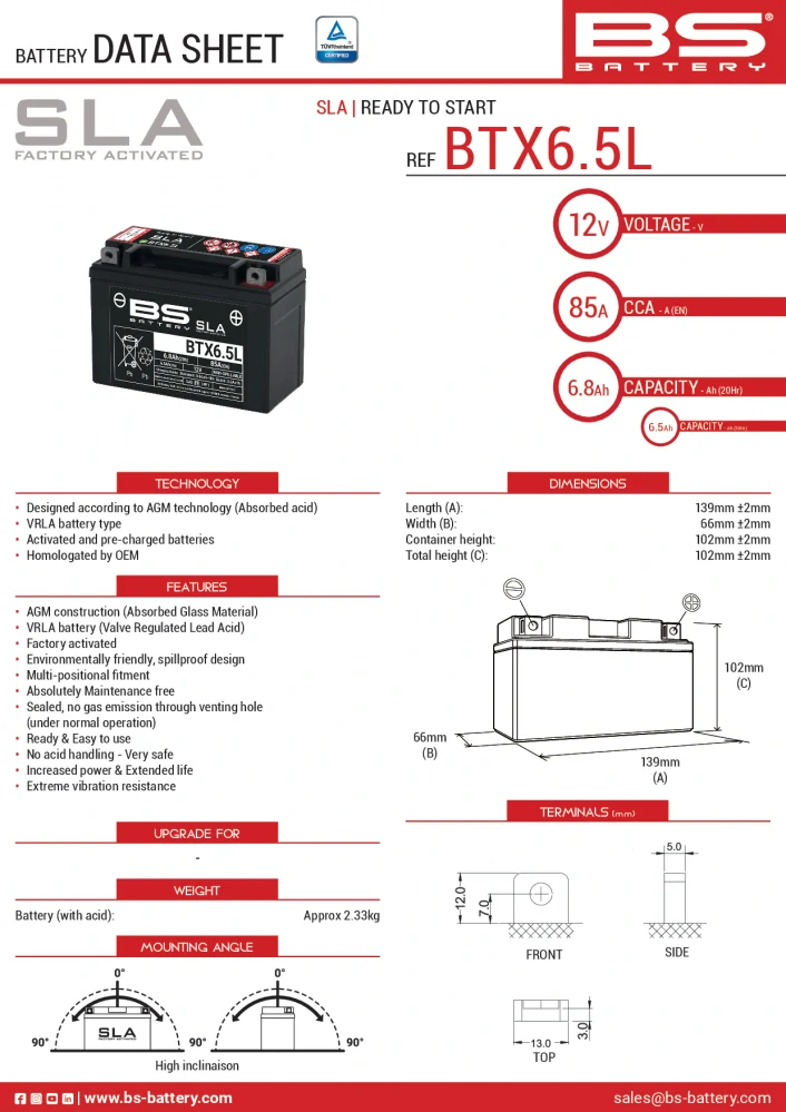 BS-BATTERY V továrni aktivovaný akumulátor BTX6.5L (FA) SLA (12V 6,5Ah, 85A) – 300645