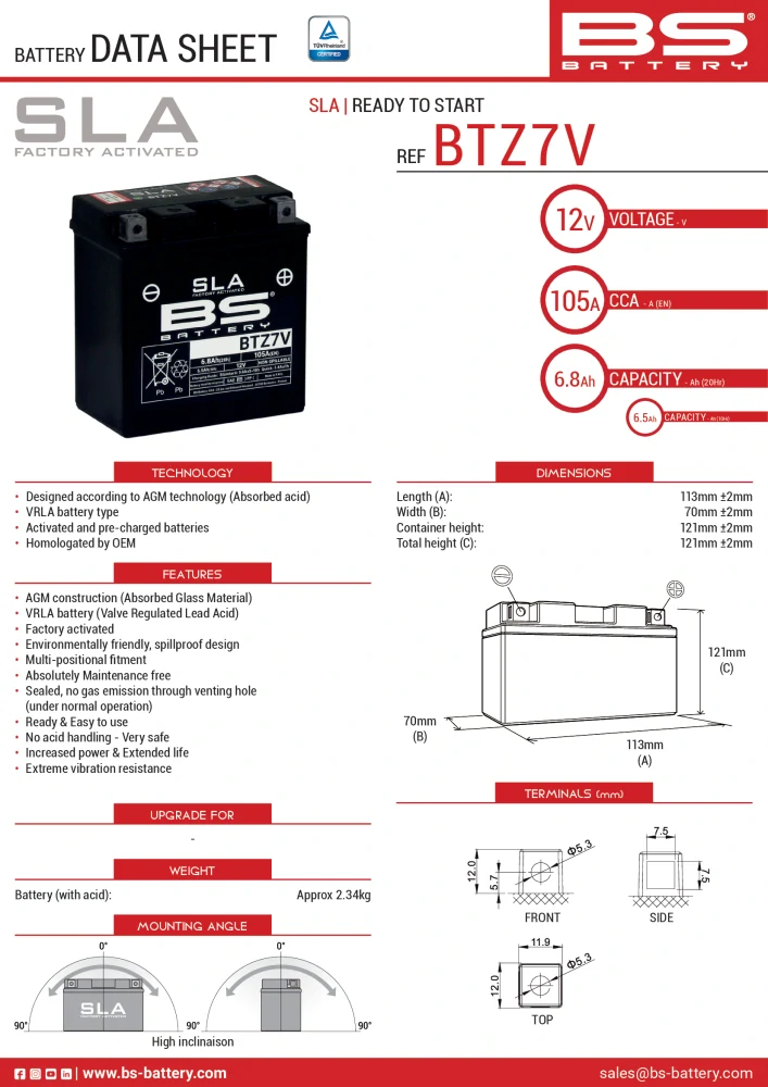 BS-BATTERY V továrni aktivovaný akumulátor BTZ7V ( FA) SLA (12V 6,5Ah, 105A) – 300912