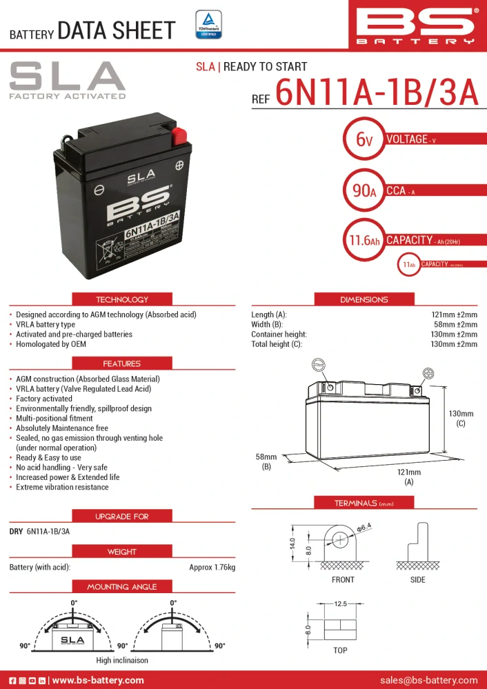 BS-BATTERY 6N11A-1B/3A 6V 11Ah 90A (6N11A-1B, 6N11A-3A) 121x58x130mm P+ AGM bezúdržbová motobatéria