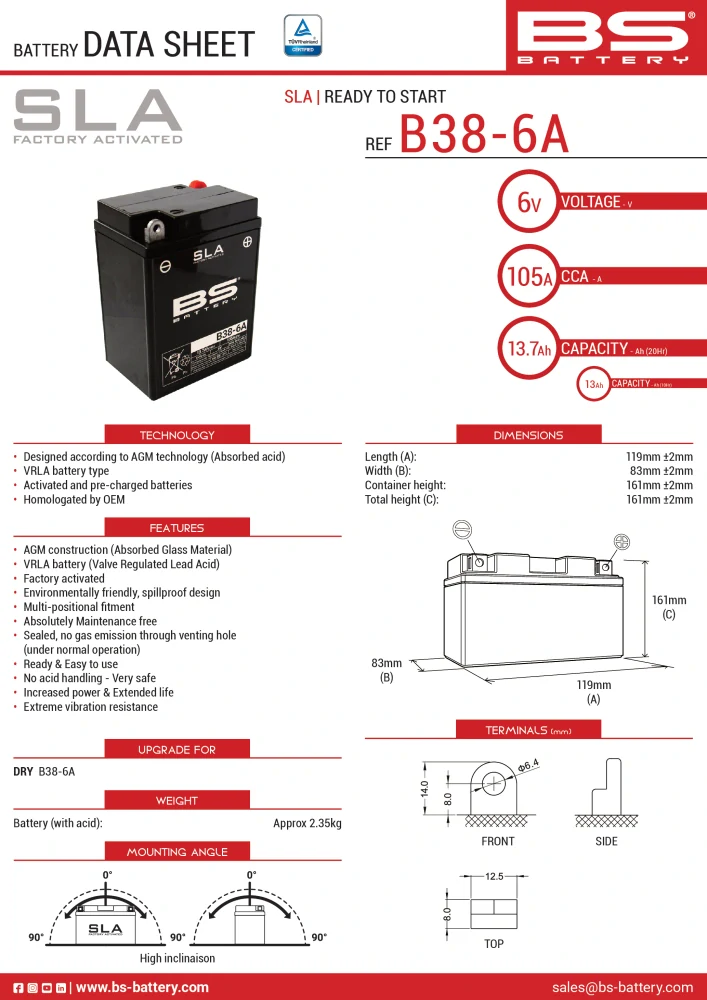 BS-BATTERY V továrni aktivovaný akumulátor B38-6A (FA) SLA (6V 13Ah, 105A) – 300919