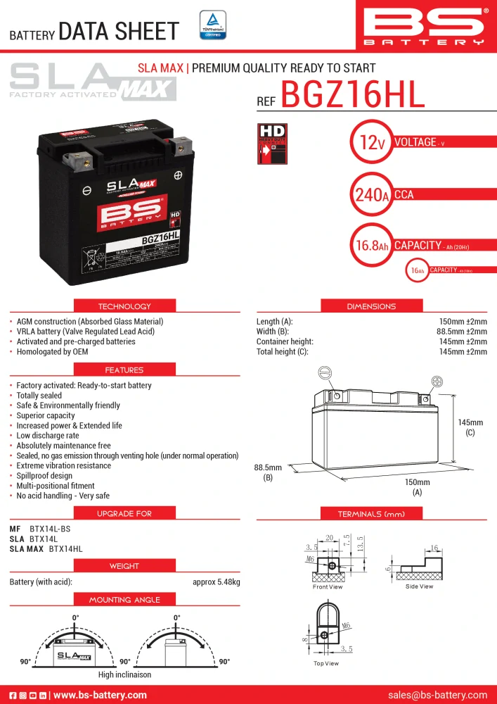 BS-BATTERY V továrni aktivovaný akumulátor BGZ16HL SLA MAX (12V 16Ah, 240A) – 300932