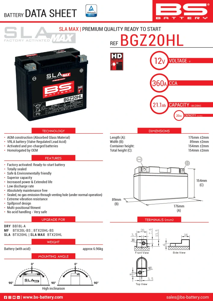 BS-BATTERY V továrni aktivovaný akumulátor BGZ20HL SLA MAX (12V 20Ah, 360A) – 300934