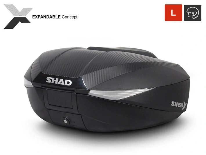 SHAD Vrchný kufor na motorku s farebným krytom SH58X Nový titán (rozšíriteľný) so zámkom PRÉMIUM