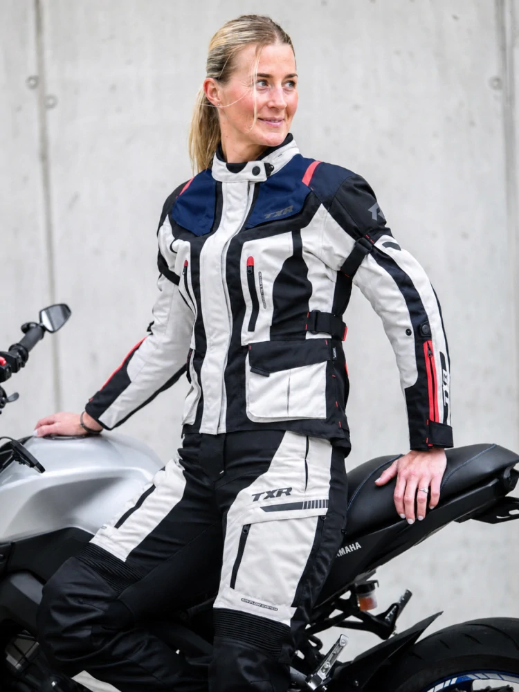 TXR Dámska bunda na motorku Expedition čierno-šedo-modro-červená XS